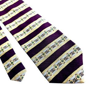 Kenneth Cole Maroon Tan Abstract Striped Print Wide Silk Tie‎